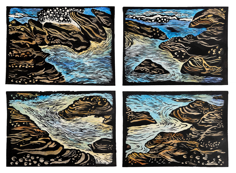 'Clovelly Rock Pools' handcoloured linoprints