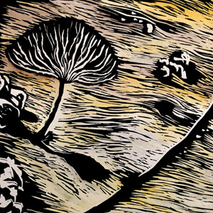 handcoloured linoprint 'Arid Divide'