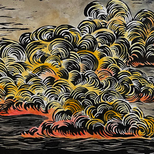 'Fire in the Sky' handcoloured linoprint