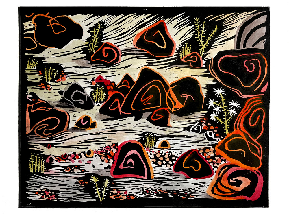 'Desert Floor' hand coloured linoprint